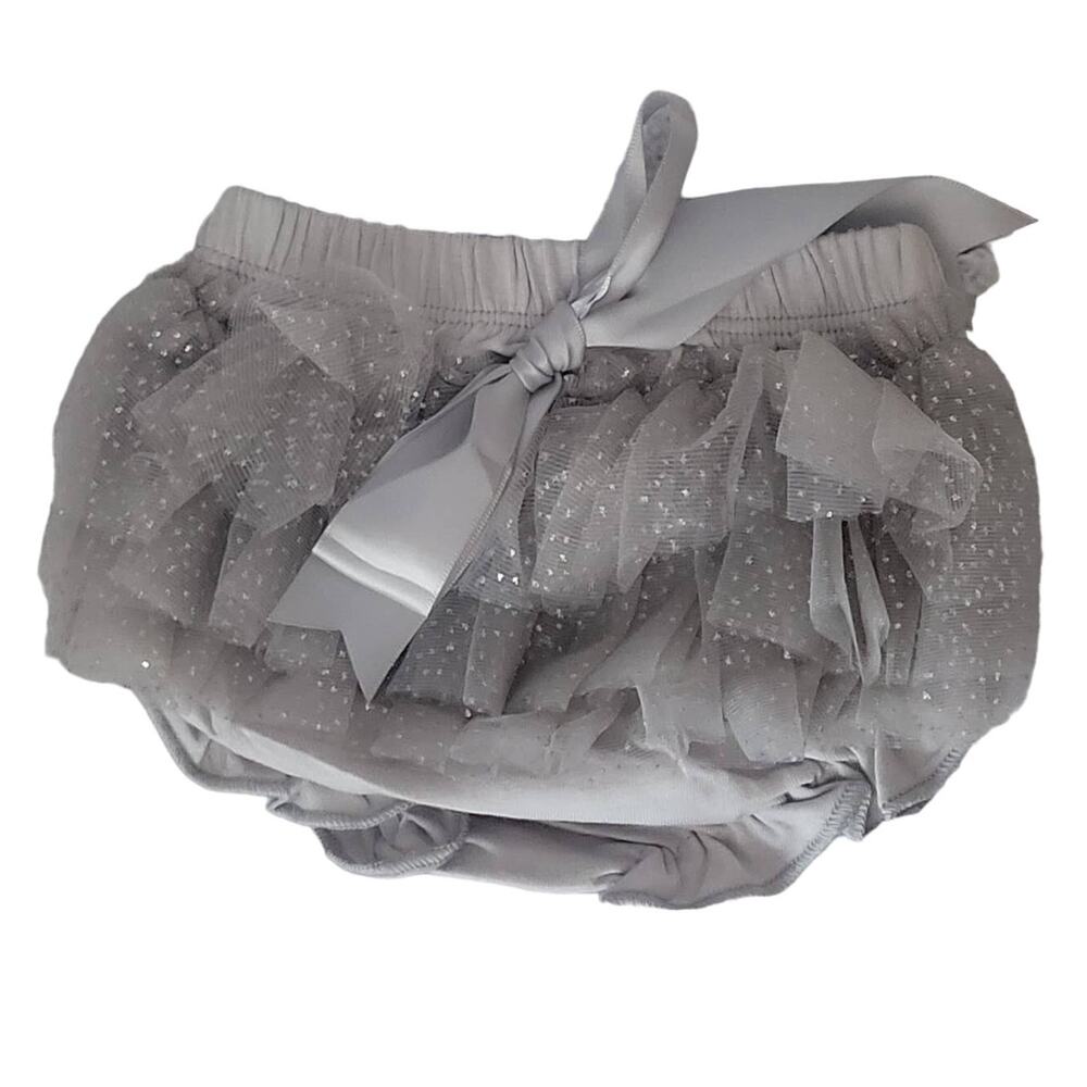 Baby Girls Gray Sparkle Ruffle Bloomers With Gray Satin Ribbon Bow XS‎